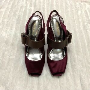 BCBGirls Burgundy Satin Peep-Toe Slingback Heels with Brown Strap